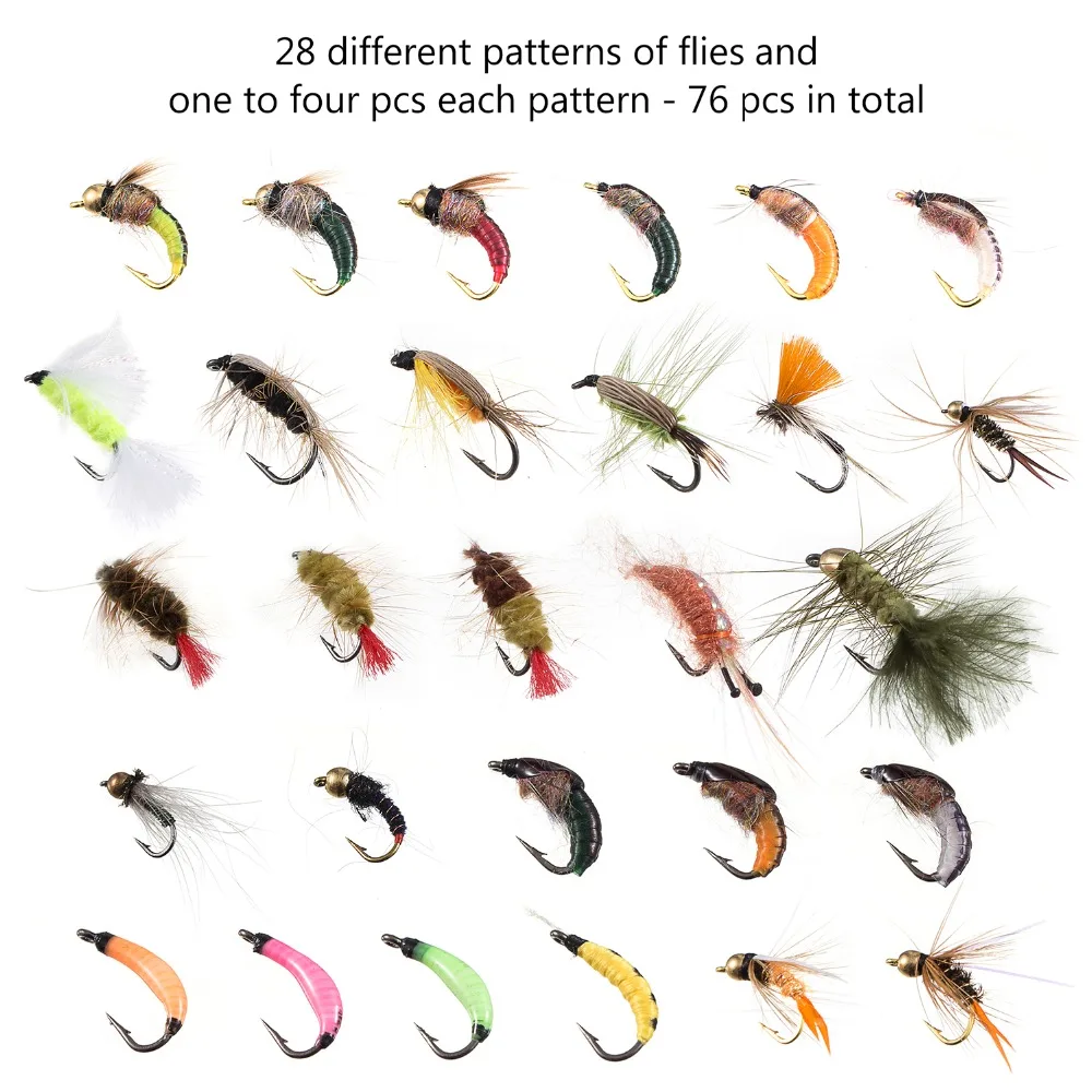 Bassdash-Kit surtido de moscas de pesca con mosca, 76 piezas, serpentinas de ninfas secas/húmedas - imagen 2