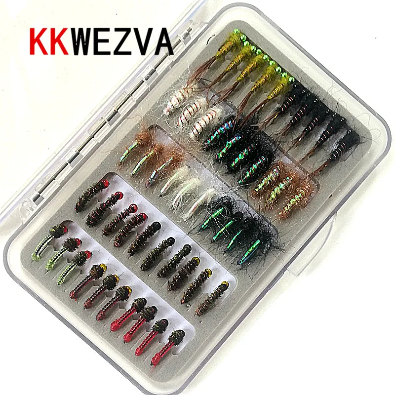 KKWEZVA-combinación de moscas de pesca con mosca de Nymph, insectos voladores, diferentes estilos, salmón, trucha, señuelos de pesca con mosca, aparejos de pesca, 50 piezas