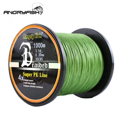 Angryfish-línea de pesca trenzada, 1000m, 4x, 8 colores, Super PE, fuerte resistencia