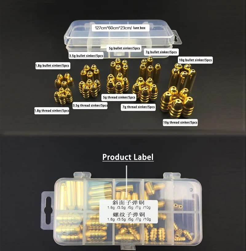 50 unids/set pesas de bala de cobre plomos de pesca en accesorios de pesca de plástico caja de aparejos 1,8g/3,5g/5g/7g/10g accesorios de plomo - imagen 5