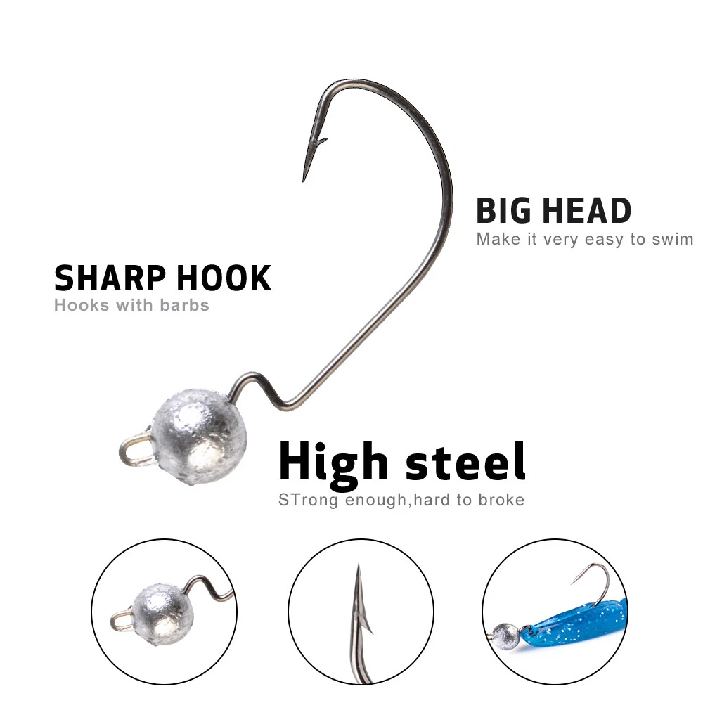 Anzuelo de pesca Offset con cabeza plomada, gusano suave, anzuelo de manivela ancha, señuelo de silicona, accesorios de anzuelos de púas, 5-8 piezas, 3,5g, 5g, 7g, 10g - imagen 4