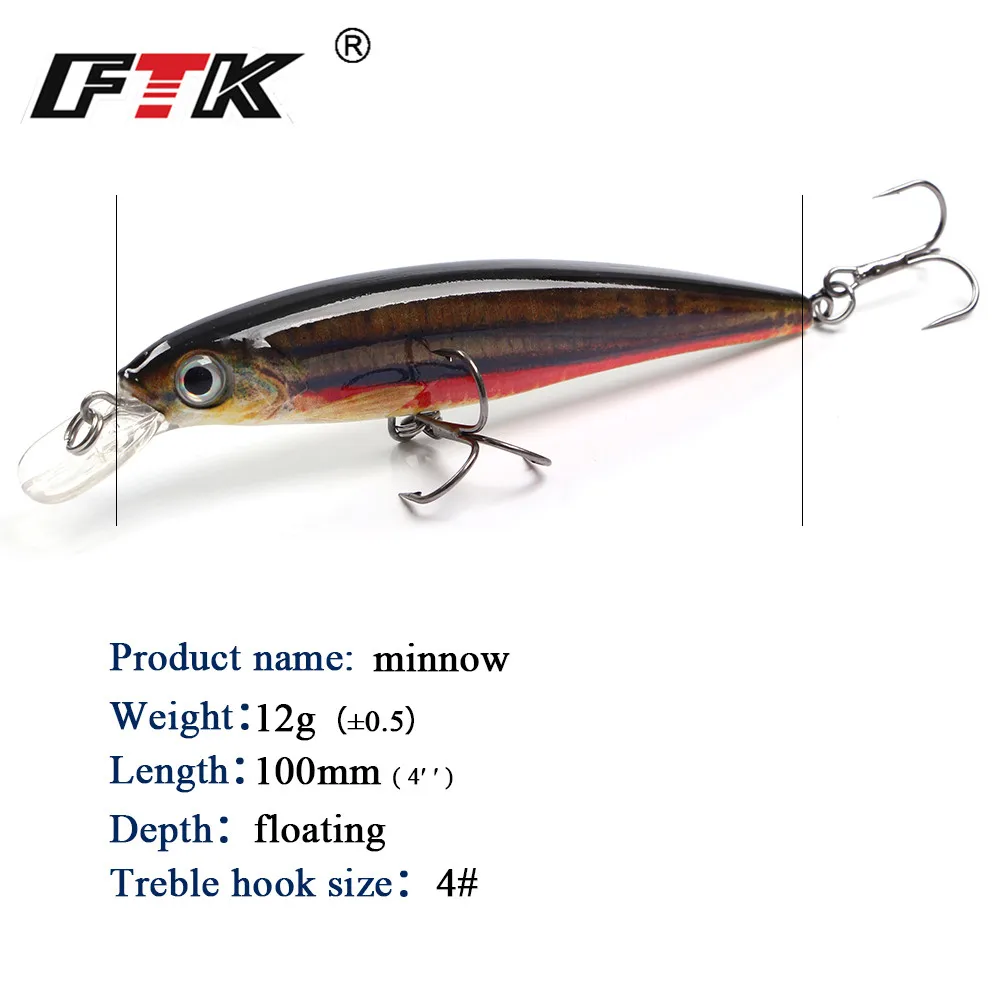 FTK-señuelo de pesca de lubina, accesorio de anzuelo flotante de 100mm/12g, Wobblers de hundimiento, duro, ojo 3D, flotador lento, HF, 1 unidad