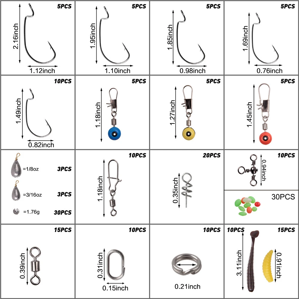 Kit de caja de aparejos de pesca, 211 piezas, incluye pesas de plomo de pesca, anzuelo, señuelo grub, anzuelos giratorios para accesorios de pesca - imagen 2