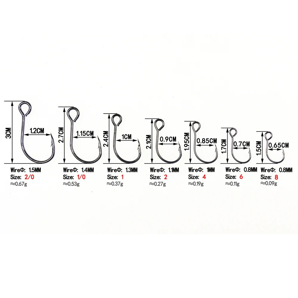 Bimoo 20 piezas para señuelo de pesca, anzuelo de repuesto, anzuelos de señuelo de pescado individuales, anzuelo en línea, tamaño de ojo grande 2/0 1 2 4 6 8, acero rico en carbono - imagen 4