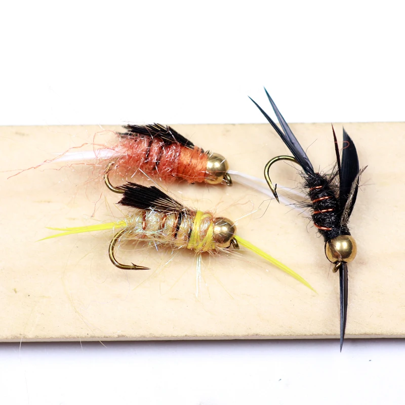 Bimoo-Cabeza de latón para pesca de trucha, Color negro, naranja, amarillo, Stonefly, ninfa, n. ° 12, 12 Uds. - imagen 3