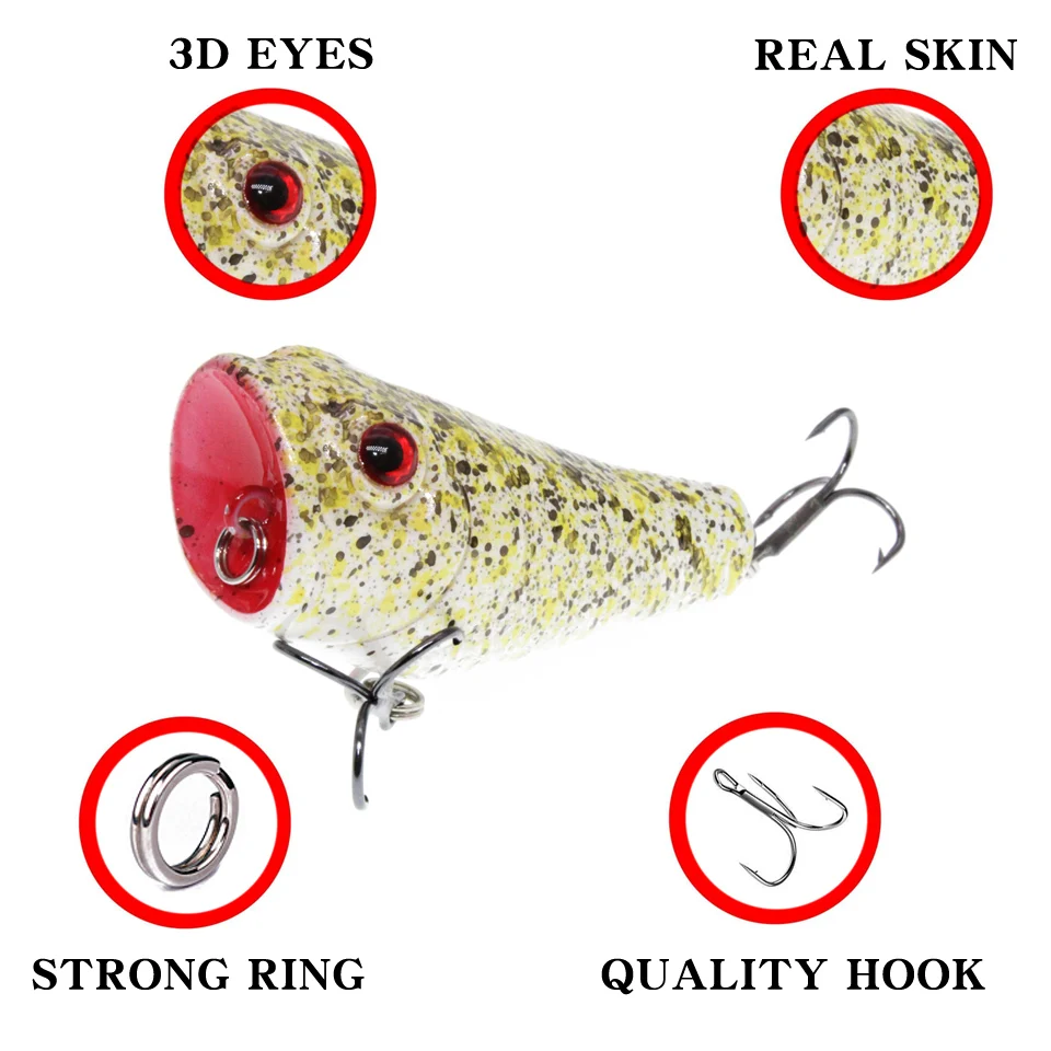 Señuelos de Pesca de plástico Popper, aparejos de pesca de alta calidad, 5 colores disponibles, cebos duros de 5CM/8G, 6 ganchos, ojos 3D, 1 ud.