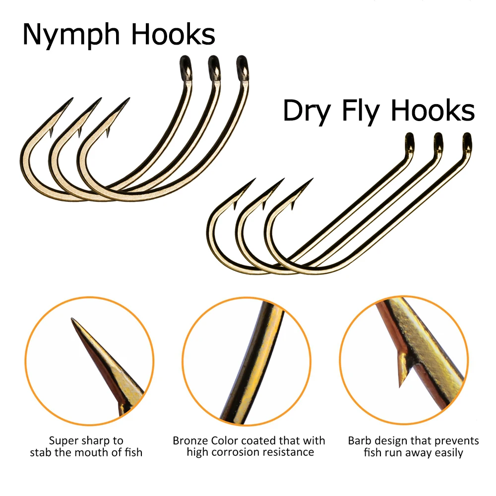 Goture-anzuelos de pesca con mosca de 120 piezas, juego de anzuelos de bronce de acero con alto contenido de carbono, con púas, para atar moscas secas/Nymph, con caja de componentes magnéticos - imagen 3