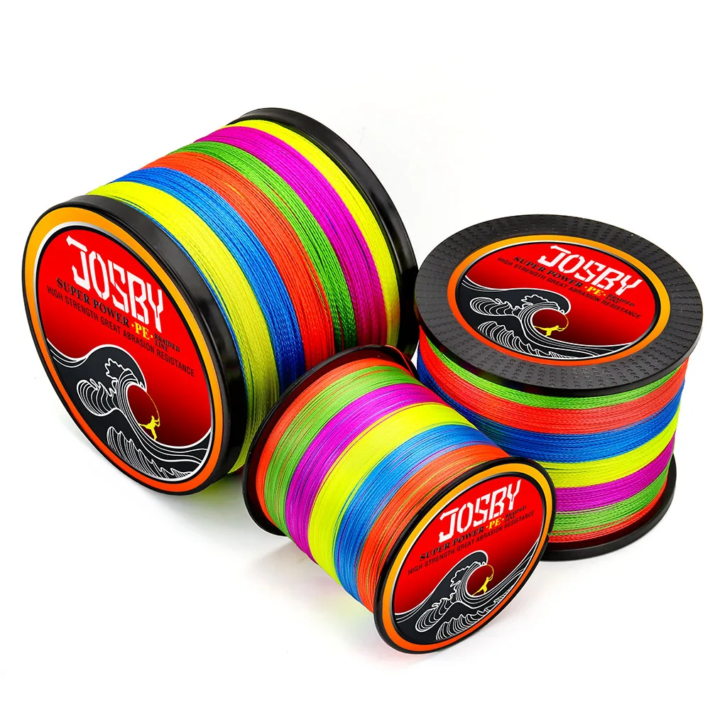 Una colección de coloridos carretes de hilo de pescar. Cada carrete lleva una etiqueta con la marca JOSBY y algún texto adicional que no es totalmente legible debido a la resolución de la imagen.