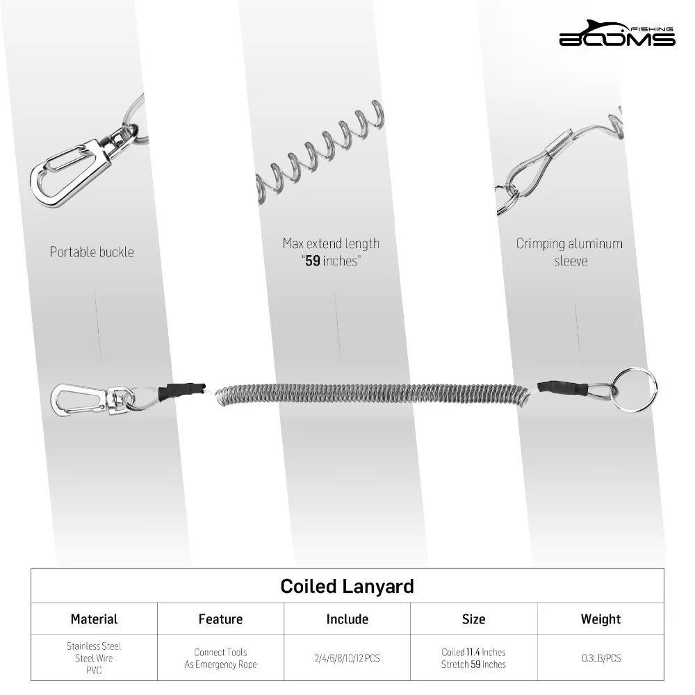 Booms Fishing-cordón en espiral T4 o cuerda de seguridad, alicates de seguridad de acero para acampar, empuñaduras de labios, herramientas de pesca de estiramiento máximo de 1,5 m - imagen 2