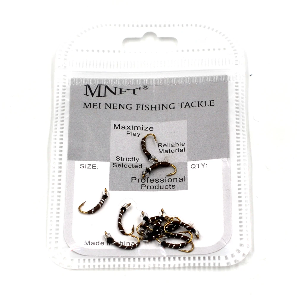 MNFT 10PCS 12 #   Cabeza dorada de latón rojo y plata, marrón y plata Midge Fly Pupa Larva Ninfa para pesca con mosca, 2 colores a elegir - imagen 3