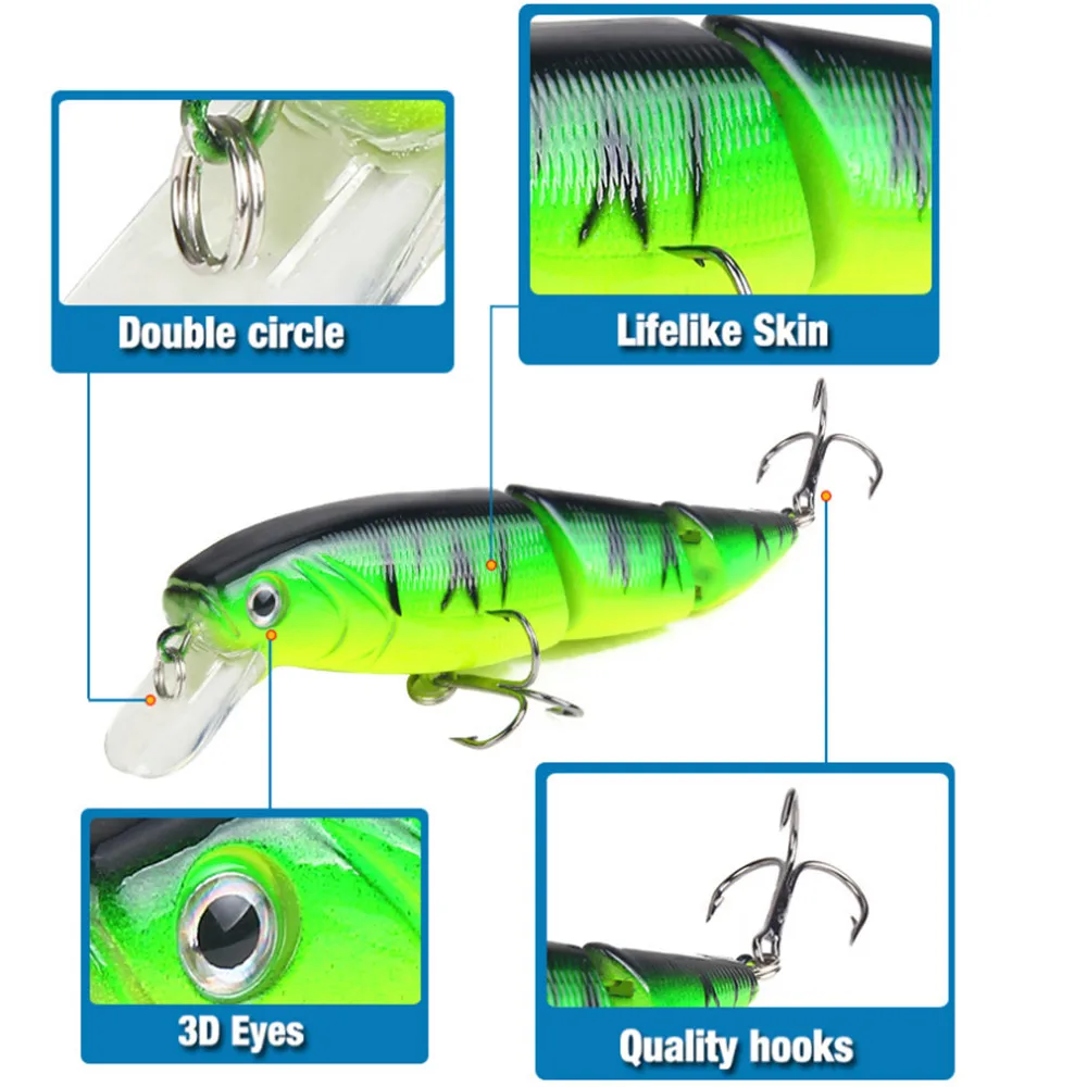 Señuelo de Pesca de 3 segmentos, 11cm, 15,5g, ojos 3D, cebo duro de Pesca realista, Crankbait con 2 ganchos, aparejos de Pesca Wobbler, 1 ud. - imagen 5