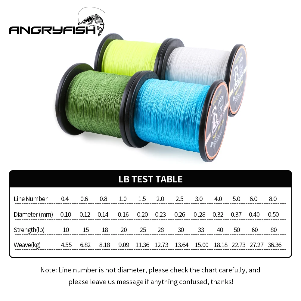 Angryfish 4X 1000M hilo de pescar trenzado Super PE línea fuerte resistencia 12LB-80LB