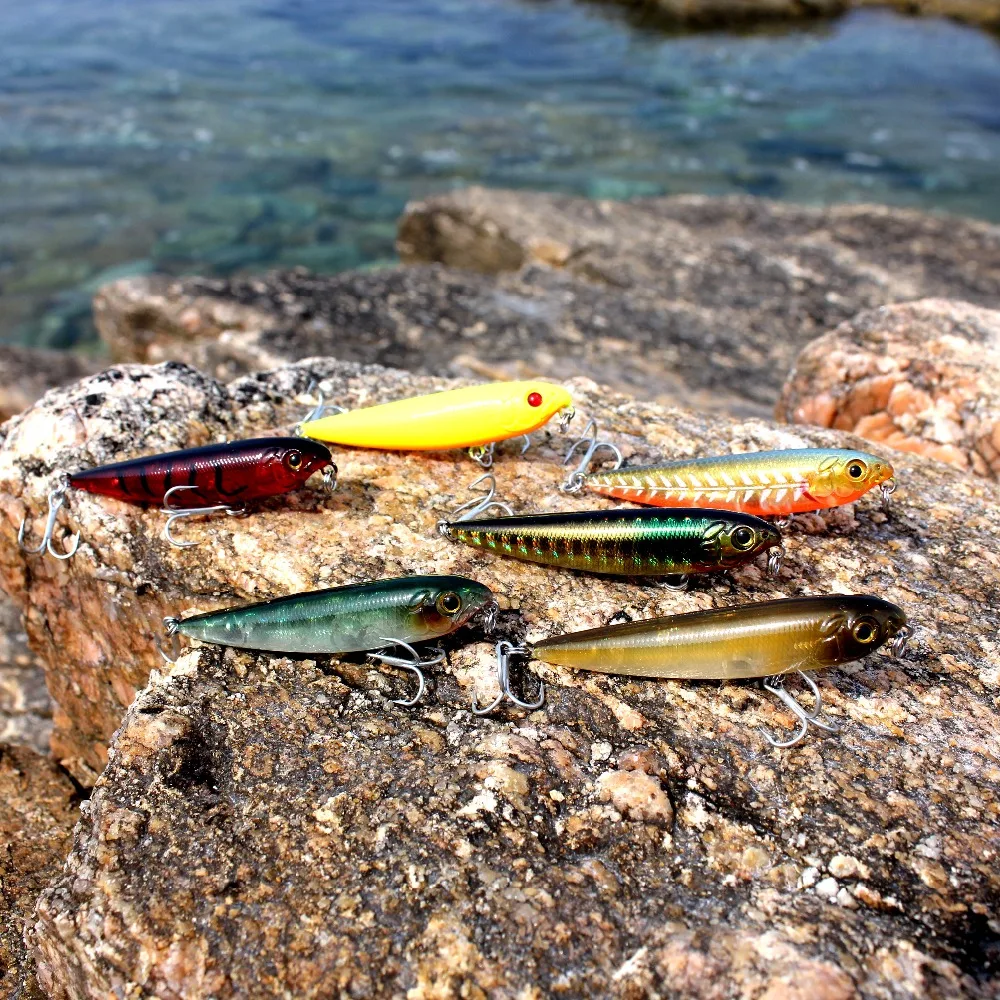 AOCLU Topwater Wobbler 60mm 105mm lápiz caminar el perro cebo duro Popper Stick señuelo de pesca lubina agua dulce salada 10 # Ganchos VMC - imagen 5