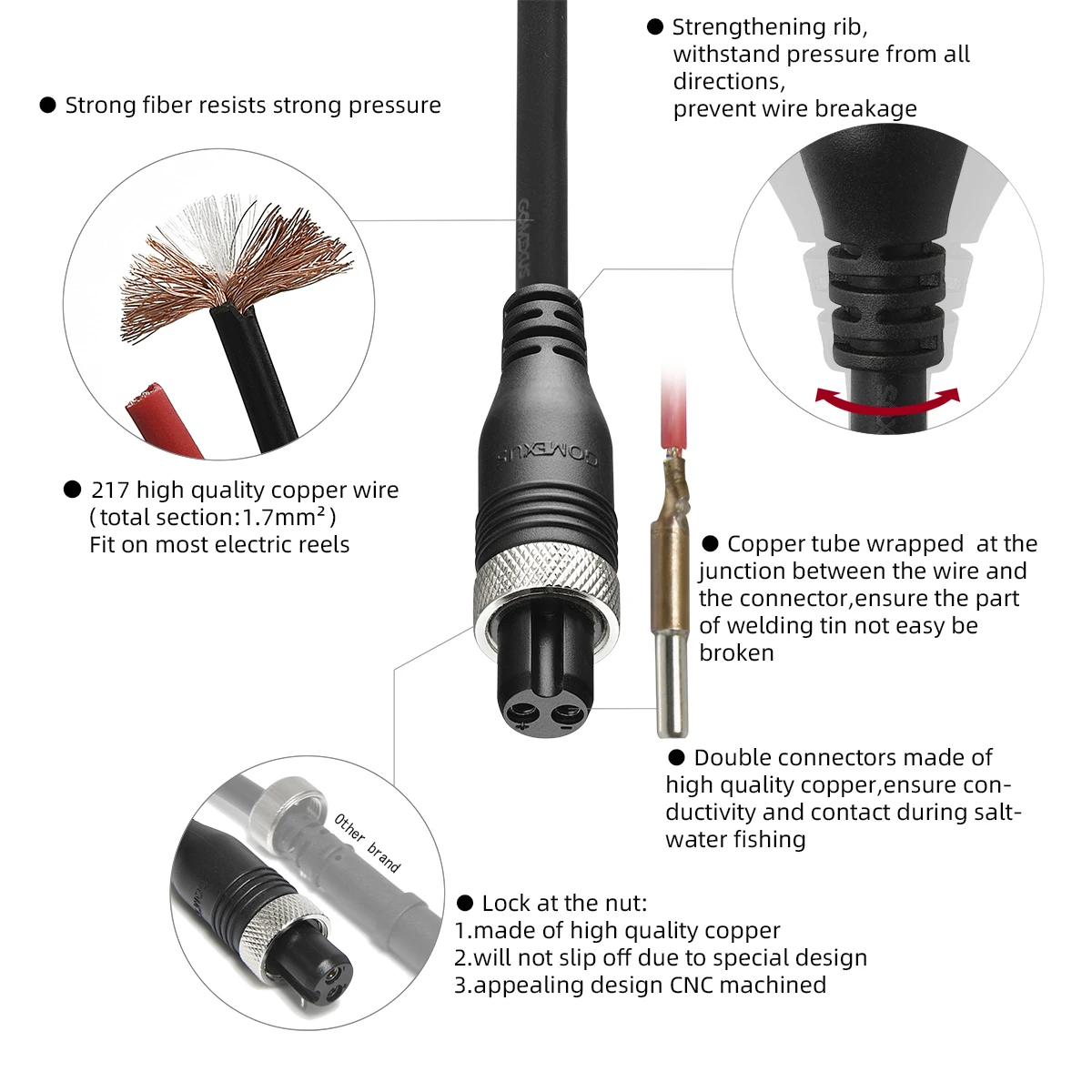 Gomexus Power Cable Eléctrico 270cm 500cm para Daiwa Tanacom 750 1000 Seaborg 200 - 500 Shimano Plays ForceMaster Carrete Eléctrico Power Cord - imagen 4