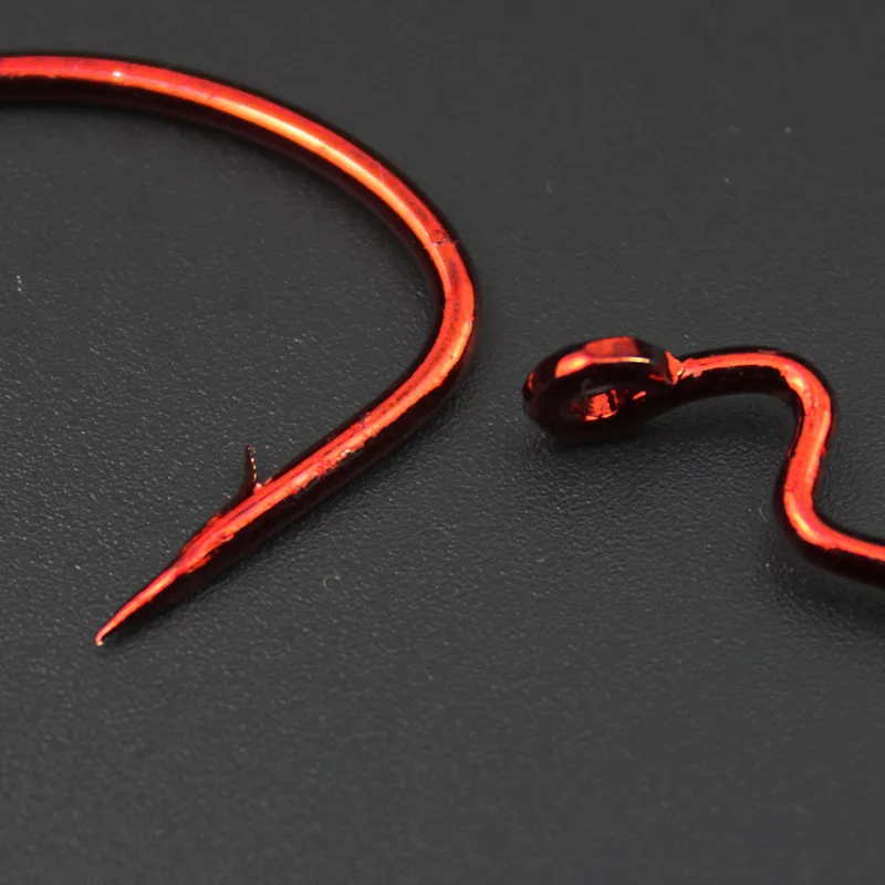 MNFT-anzuelo de pesca de Color rojo sangriento, gancho de gusano Offset, manivela de vientre ancho para lubina, cebo blando, piezas del grupo Texas, 100 unidades por lote - imagen 4