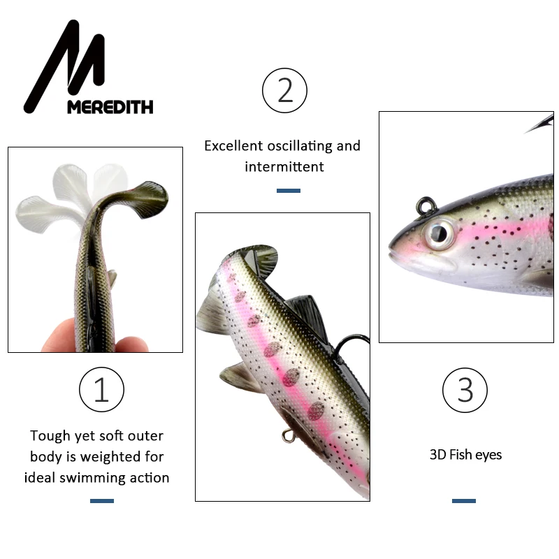 MEREDITH-Señuelos de Pesca de PVC con cabeza de 12cm y 15cm, cebos artificiales para natación, cola en T, de silicona suave, Swimbait Wobblers - imagen 2
