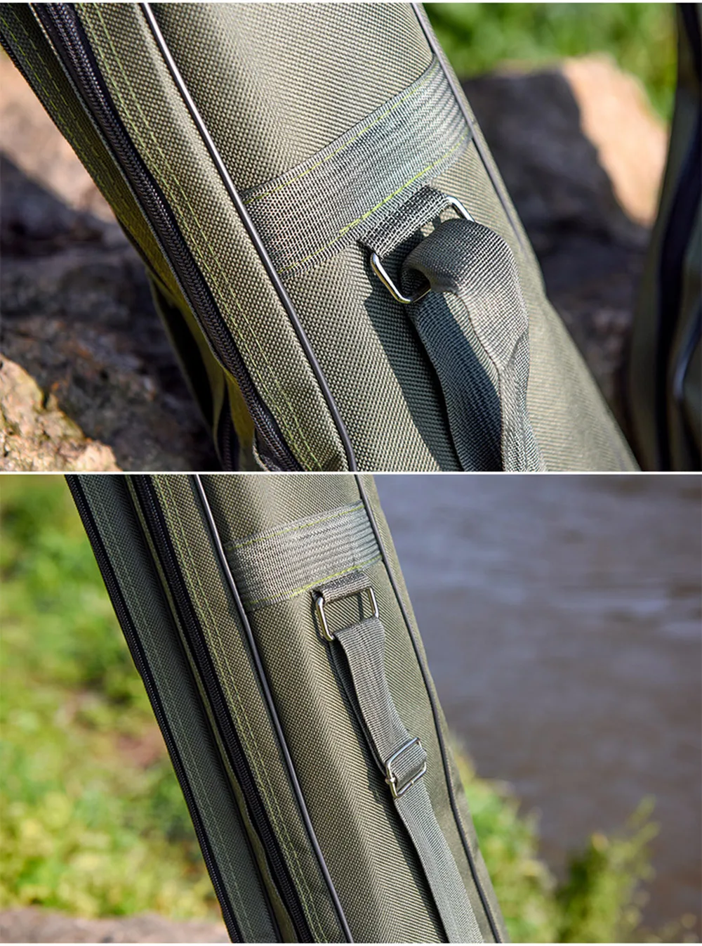 Primer plano de un equipo de exterior, que parece ser un bolso o un estuche, posiblemente para un arma de fuego o un arco, dado el diseño y la presencia de una bandolera. El material parece duradero y probablemente esté diseñado para un uso rudo.
