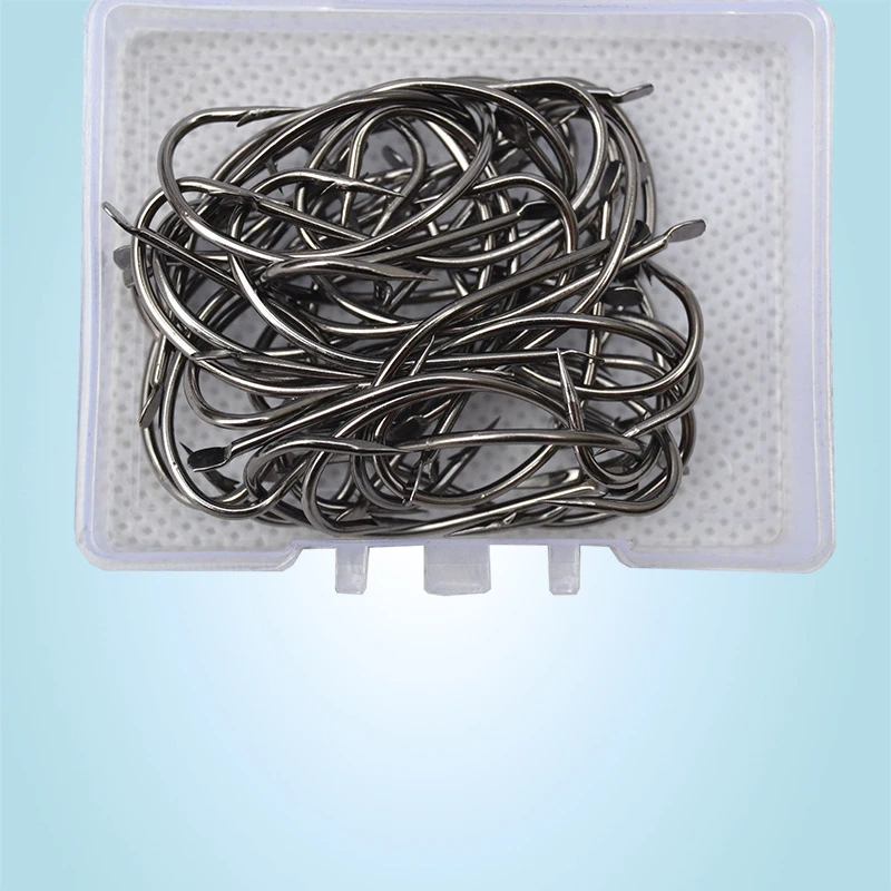 10 cajas/lote de anzuelos de Pesca de vástago largo, anzuelos duraderos de acero rico en carbono, cabeza plana, caja de aparejos de Pesca de carpa - imagen 2