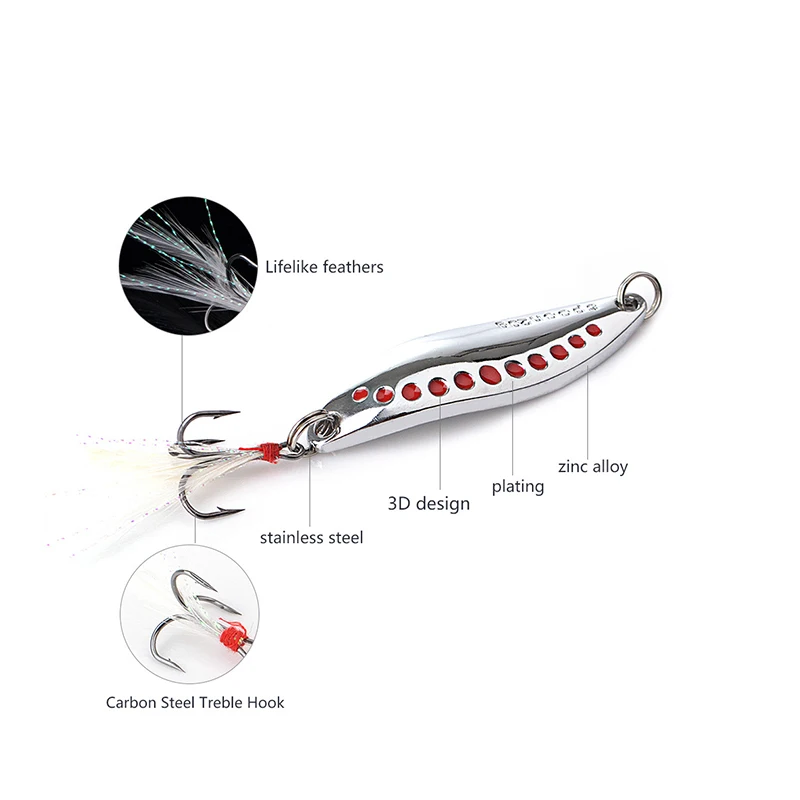 Señuelo de Metal plateado para pesca, cebo duro de lentejuelas con pluma de lubina, anzuelo triple, 5g, 7,5g, 10g, 15g, 20g, 1 ud. - imagen 3