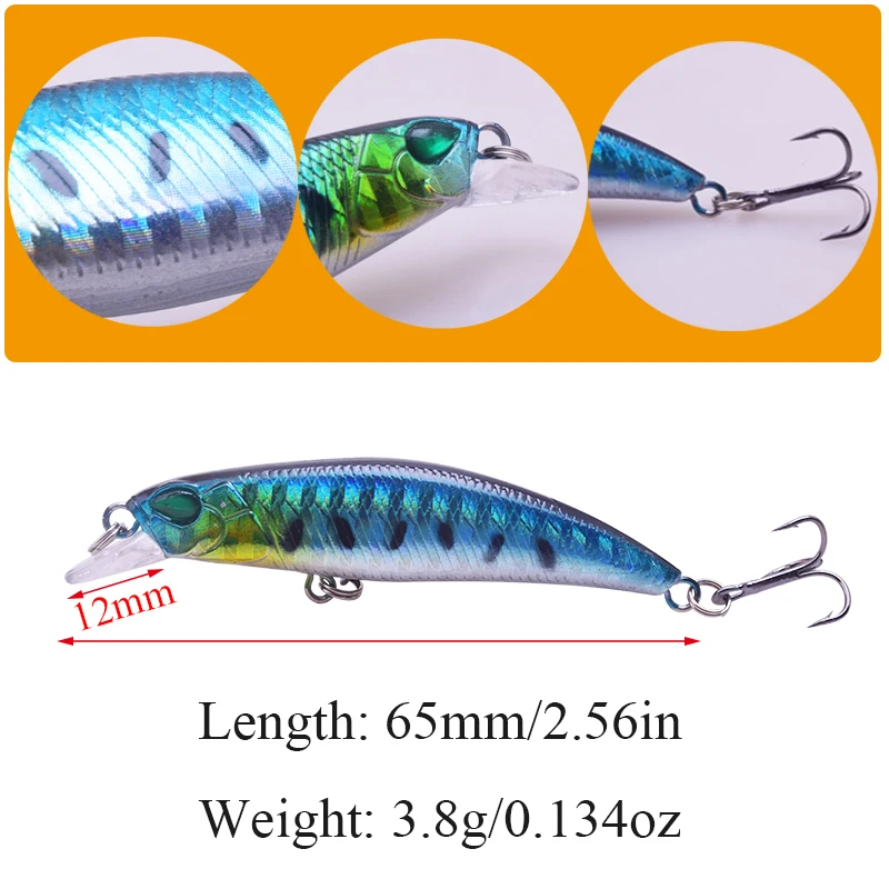 1 Uds cebo duro 65mm/3,8g Minnow, Wobblers, cebo tipo pez dorado para lubina, señuelo de pesca de agua dulce, cebo de pesca tipo tipo sábalo WD-524 - imagen 2