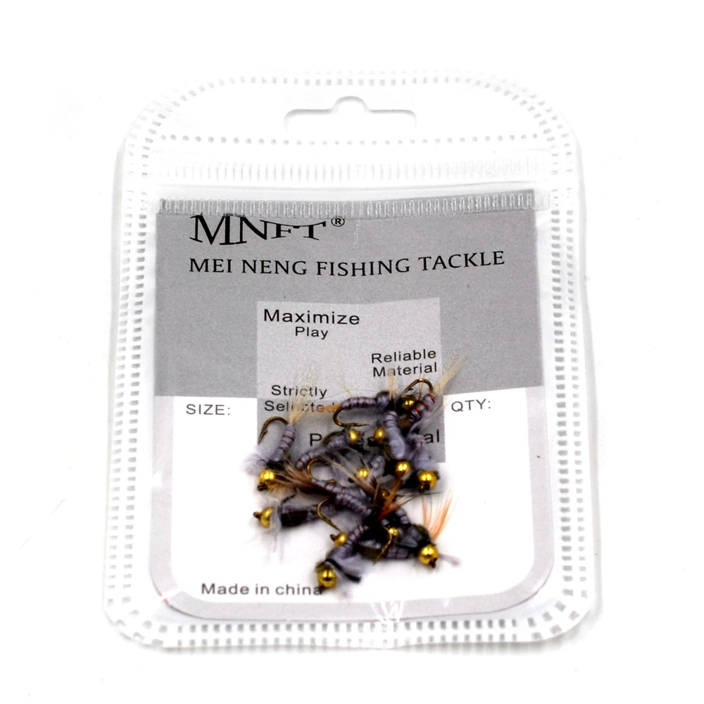 MNFT-cebos de pesca con mosca, 10 piezas, 12 #, cabeza de cuenta dorada, oreja de liebre gris, cola negra, ninfa, Mosca, trucha - imagen 4