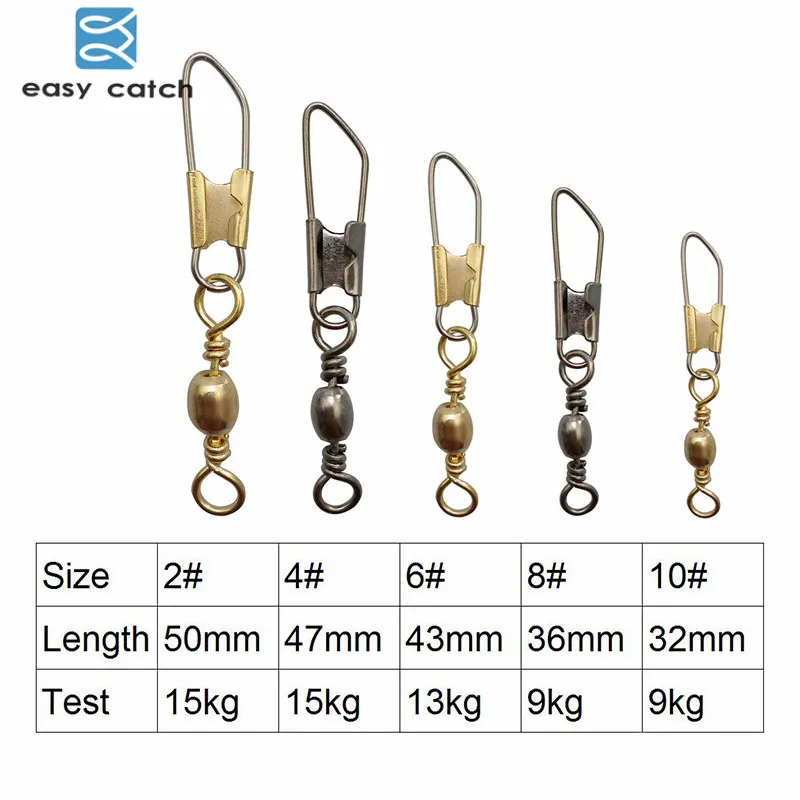 Easy Catch-barril giratorio de pesca con broche de seguridad, Conector de línea de gancho de pesca de latón dorado y negro, accesorios de pesca, 20 piezas - imagen 2