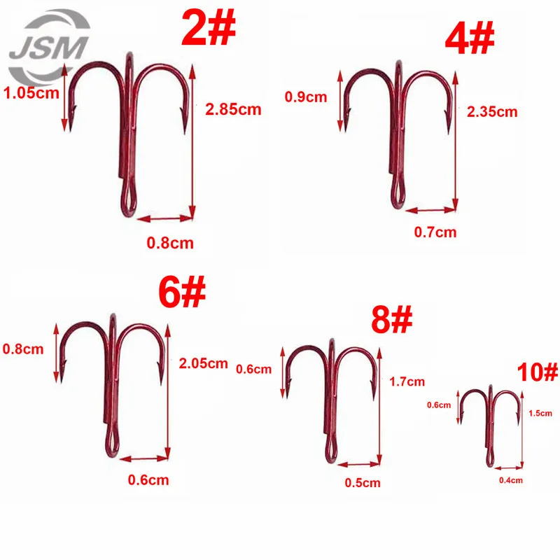 JSM 100 Uds 35647 anzuelos de pesca triples de acero rico en carbono negro rojo redondo doblado Triple señuelo Artificial anzuelos tamaño 2 4 6 8 10 - imagen 3