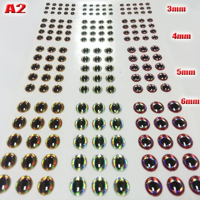 Ojos de señuelo 3d para pesca, A1A2A3A4, tamaño a elegir, 3mm, 4mm, 5mm, 6mm, cantidad: 2023 unids/lote, ojos de pez bonitos, artificiales de alta calidad, 732 - imagen 3