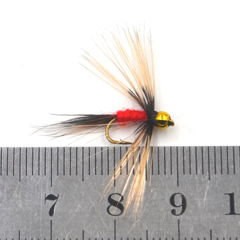 MNFT 10PCS 14 #   Cebo artificial con mosca para pesca, cuerpo rojo, ninfa, barba larga, Beadhead dorado - imagen 3