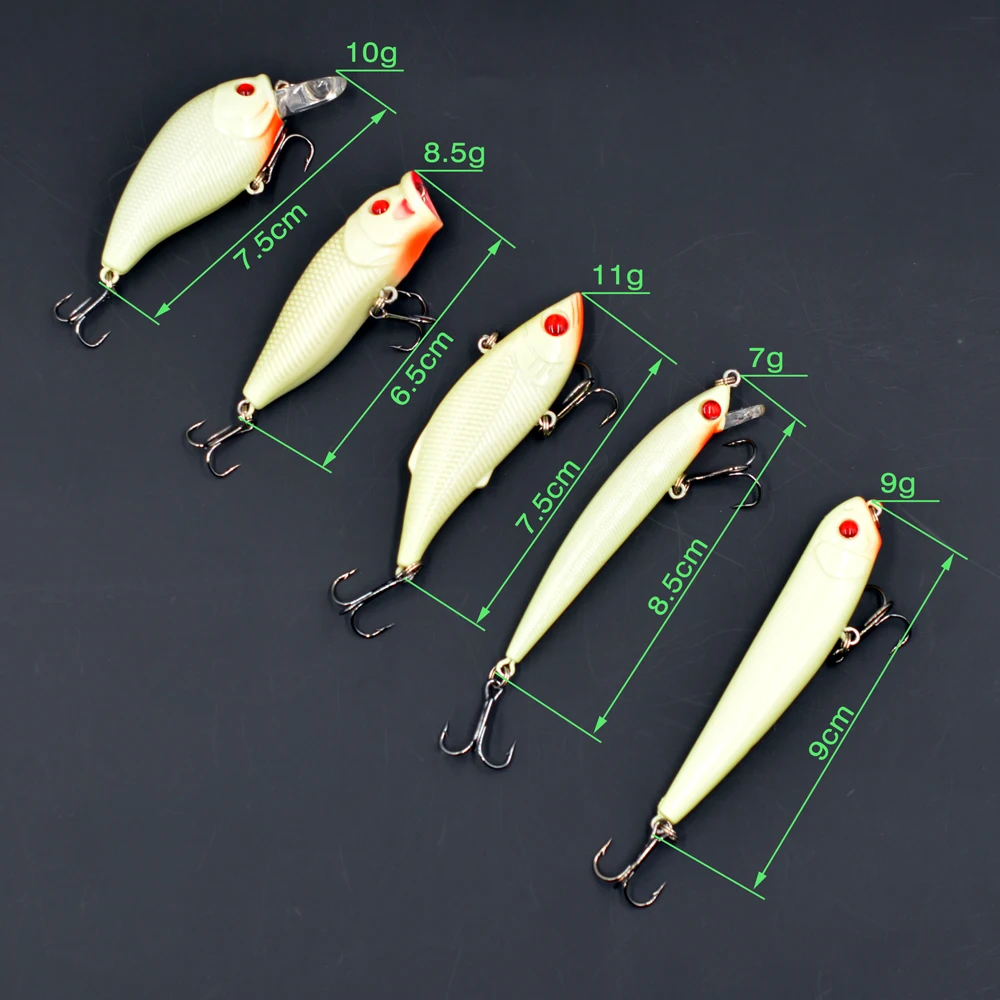MNFT 5 uds Kit de cebo de señuelo de pesca nocturna cebo duro brillo nocturno señuelos artificiales VIB Popper manivela Minnow lápiz con caja de señuelos - imagen 2