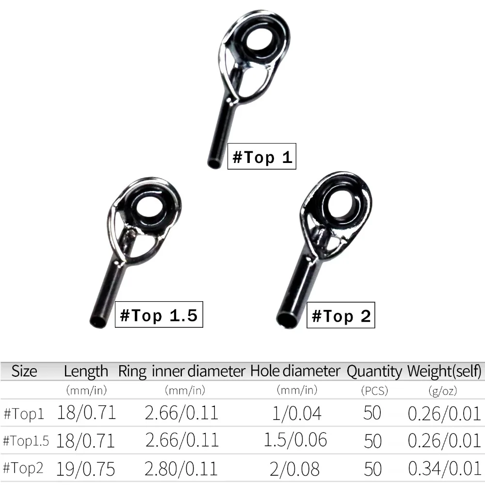 50 Uds. Kit de reparación de puntas de caña de pescar de 1mm, 1,5mm y 2mm, anillo de ojo de acero inoxidable y cerámica plateado, guías de caña de pescar, tapas de punta - imagen 2