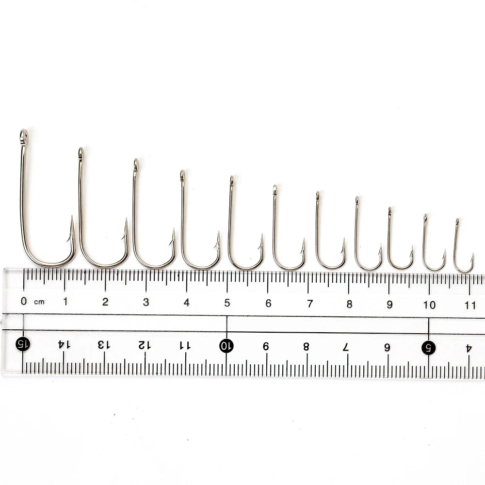 FISH KING 100 Uds 2335 anzuelo de pesca de mar doblado de acero rico en carbono con ojo de níquel 10 # -20 #   Gancho de plantilla de púas redondo con anillo - imagen 3