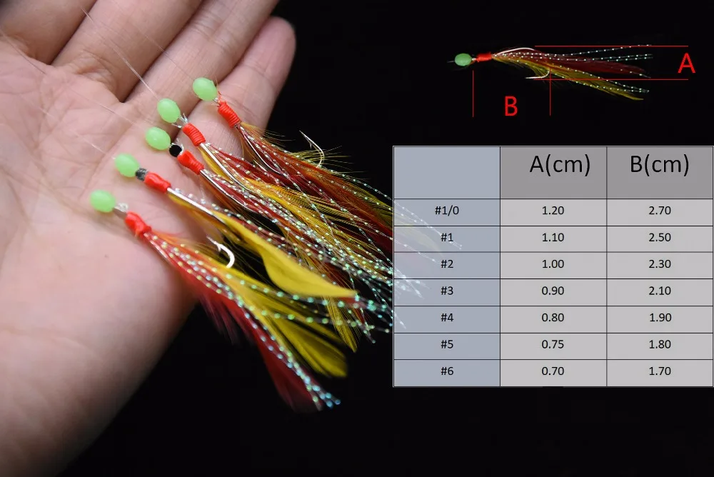 Señuelo de pesca artificial, 2 bolsas de tamaño de anzuelo 1/2/3/4, aparejos sabiki, con 5 plumas, cuentas luminosas para pesca nocturna - imagen 3