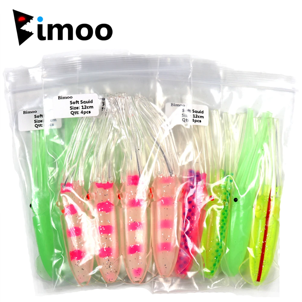 Bimoo, 1 bolsas = 4 Uds., 12cm, 14cm, 17cm, señuelos de calamar suaves, juego de Jigging, pesca en agua salada, cebo de pesca, pulpo, verde luminoso para plataformas DIY