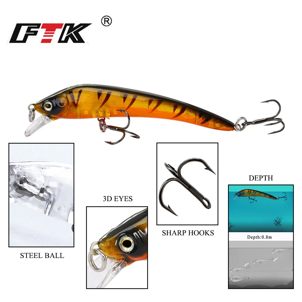 FTK 8g 9cm Señuelos de pesca Minnow ojos 3D cebo Artificial duro con anzuelo triple Bass Wobbers Swimbait - imagen 5