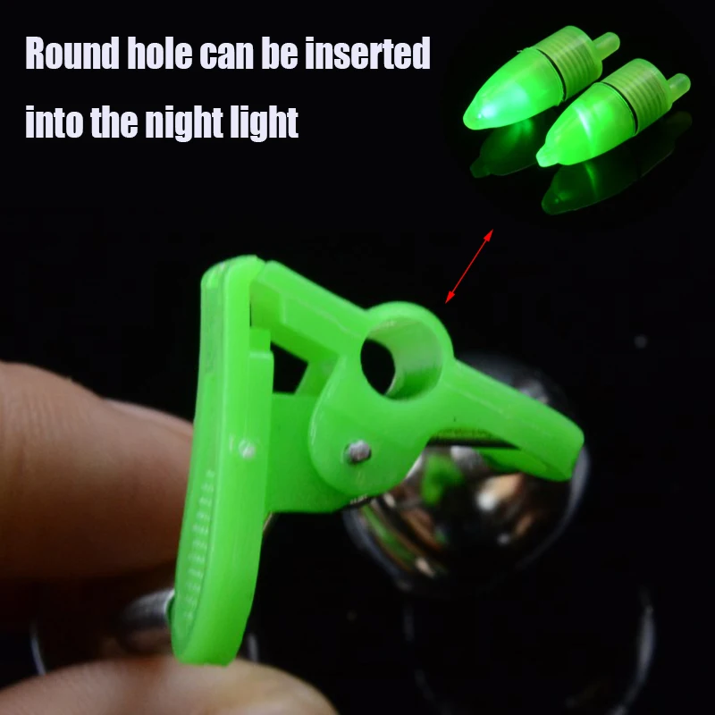 Alarmas de mordedura de pesca, cascabel de caña de pescar, pinza de punta, anillo, accesorio de pesca ABS verde, campanas de Metal para exteriores, 5 unids/lote - imagen 4