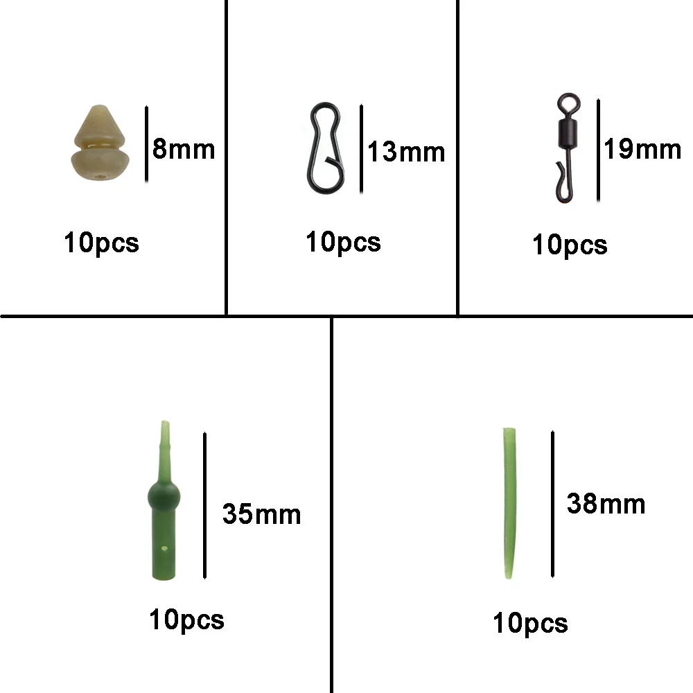 Kit de aparejos de pesca de carpa con cola cónica, helicóptero Chod Rig Buffer, mangas antienredos, ganchos giratorios de plomo, aparejos deslizantes, 50 piezas por juego - imagen 3
