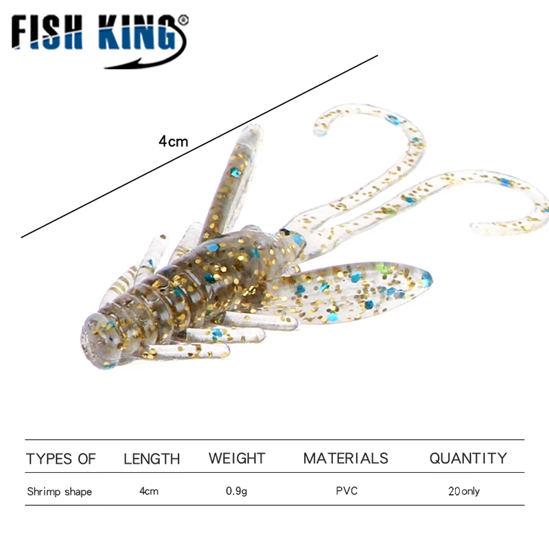 FISH KING 20 piezas Señuelos de pesca blandos 4CM sabor a camarón Crankbait gusanos cebo Artificial Wobbler aparejos de pesca