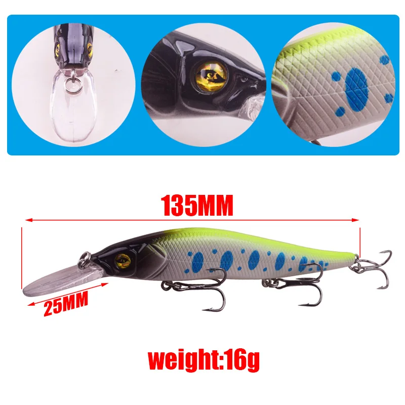 Señuelo de Pesca Minnow, 1 Uds., 13,5 cm, 16g, suspensión, pausa Wobbler, cebo duro Artificial, Crankbaits, Pesca, lubina, carpa, Lucio, aparejos de Pesca - imagen 3