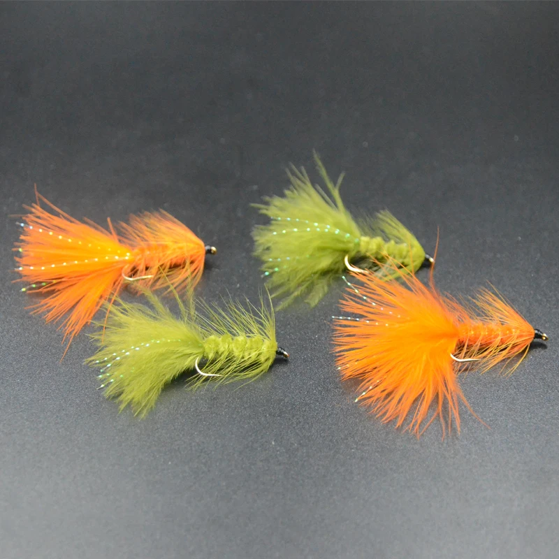 CONTEMPLADOR 10 #   4 Uds. De serpentinas de Bugger de lana, Señuelos de pesca con mosca, 2 colores, pluma de marabú, agua salada/agua dulce, atado de moscas, cebo de trucha