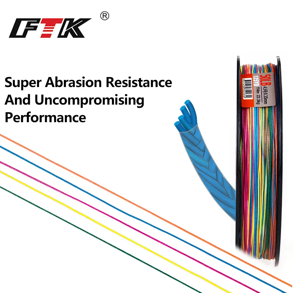 Línea de pesca de alambre trenzado de PE FTK, 114M, 4 hebras, 0,10mm-0,40mm, 8-60LB, línea de pesca multifilamento súper fuerte colorida - imagen 4