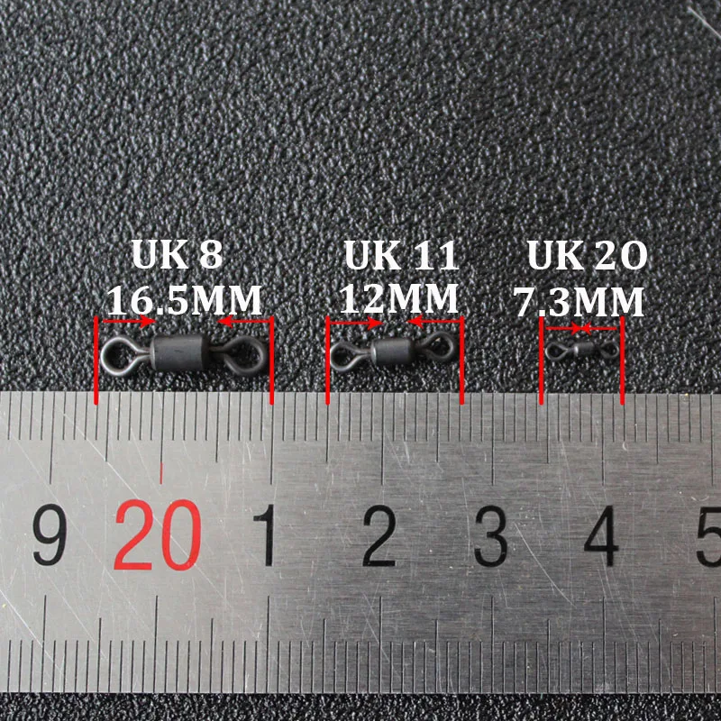 Conectores giratorios para pesca de carpa, 100 unidades, cambio rápido, UK 8 11 20, Micro giratorio, aparejo para carpa, negro mate - imagen 3