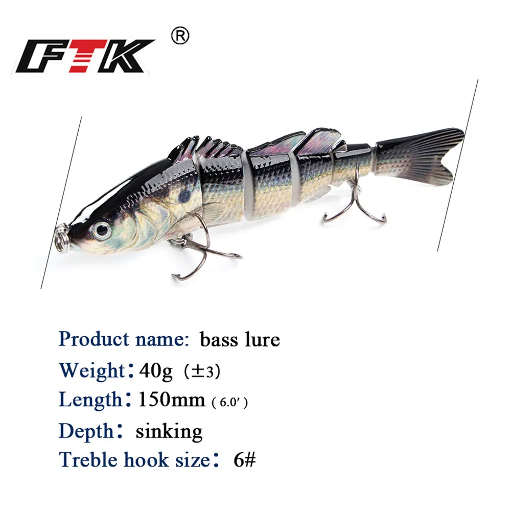 FTK 6 segmentos señuelo de pesca Swimbait 150mm 40g ojos 3D hundimiento cebo Artificial articulado señuelo duro Wobblers Bass - imagen 2
