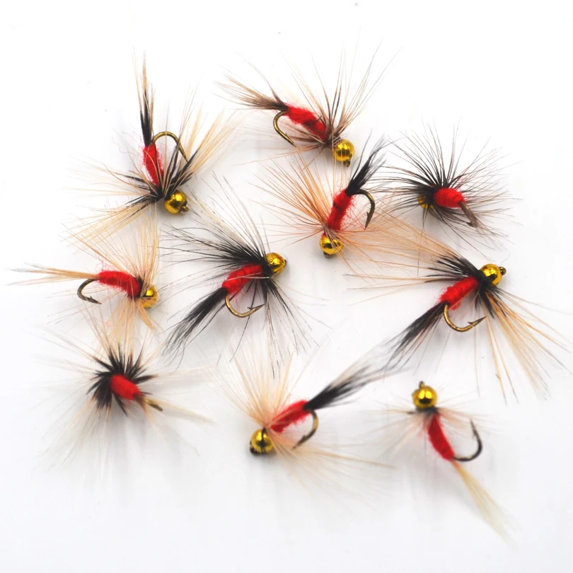 MNFT 10PCS 14 #   Cebo artificial con mosca para pesca, cuerpo rojo, ninfa, barba larga, Beadhead dorado - imagen 2