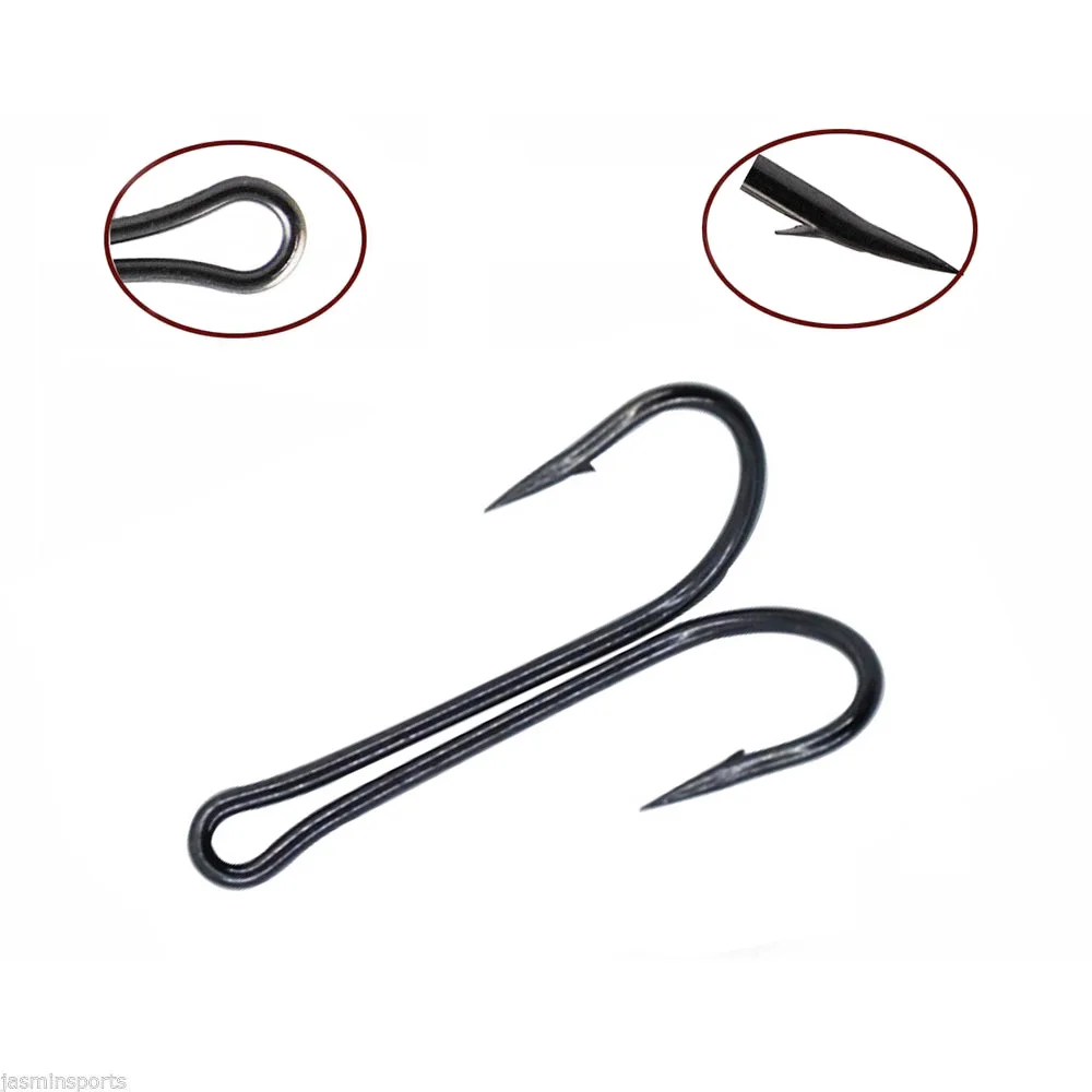 Anzuelos de pesca dobles de acero con alto contenido de carbono, Kit de anzuelos de pesca negros, anzuelo doble para anzuelo de lubina, 100 unids/lote por caja - imagen 4