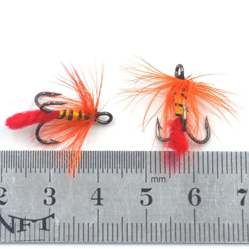 MNFT-anzuelos triples 3x triples para pesca con mosca, anzuelos de tres moscas, señuelo naranja, Barba, cebra negra, cuerpo amarillo, 10 unids/lote por caja - imagen 3