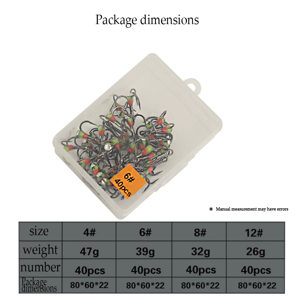 5pcs40pcs anzuelos de pesca en hielo de arcoíris Material de acero rico en carbono anzuelo de pesca triple negro herramientas de aparejos de lubina de agua salada plegadas redondas - imagen 5