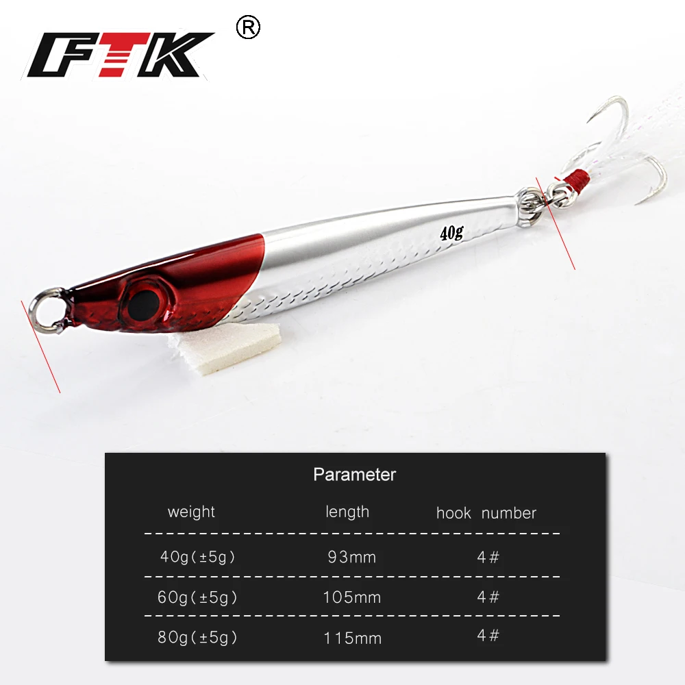 FTK 40G 60G 80G señuelo de pesca de Metal ojos 3D plantilla cebo Artificial duro señuelos de Jigging con anzuelo triple aparejos de pesca - imagen 2