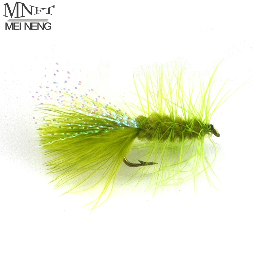 MNFT 10PCS 6 #   Señuelo tipo Bugger lanudo de color oliva, trucha, cola de Flashabou, señuelos de pesca con mosca