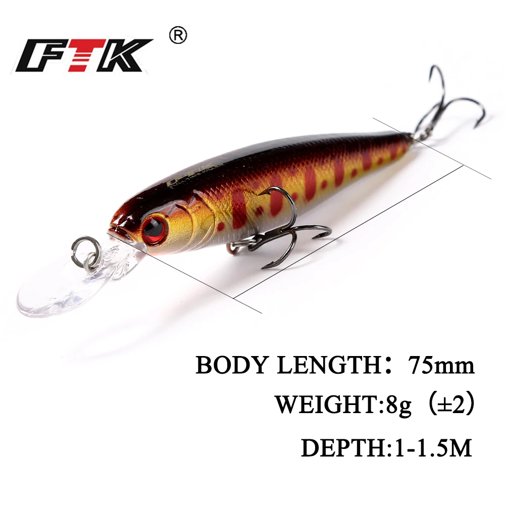 FTK 8g ojos 3D que se hunden Minnow Señuelos de pesca duros 7,5 cm Swimbait cebo de pesca Artificial lubina Jerkbait Crankbait - imagen 3